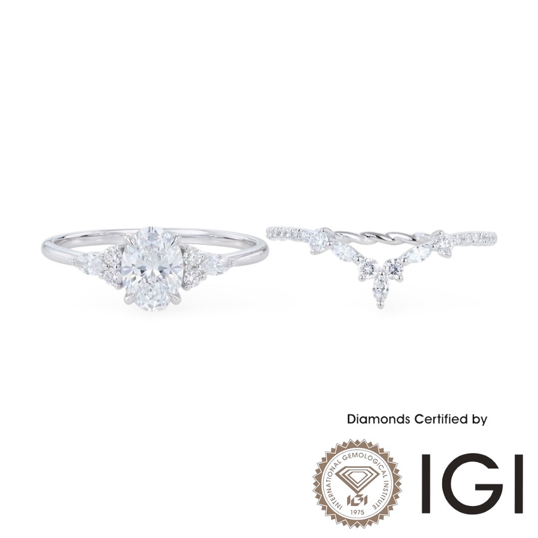AME046 Oval Cut Lab Grown Diamond Bridal Ring Set, D, VVS1, VVS2, 2EX, IGI Certified