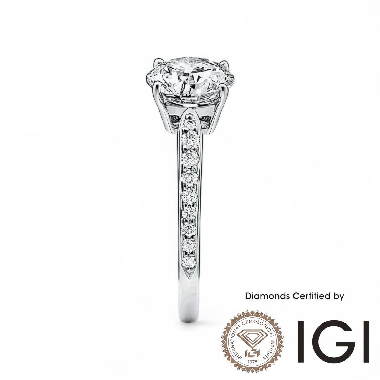 ASH027 Sidestone 18K Ring D, VVS1, VVS2, 3EX IGI Certified
