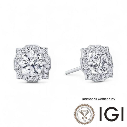 ASH051 Halo Lab Grown Diamond Earring 18K D VVS1 VVS2 3EX IGI Cert - Madison Avenue Diamond