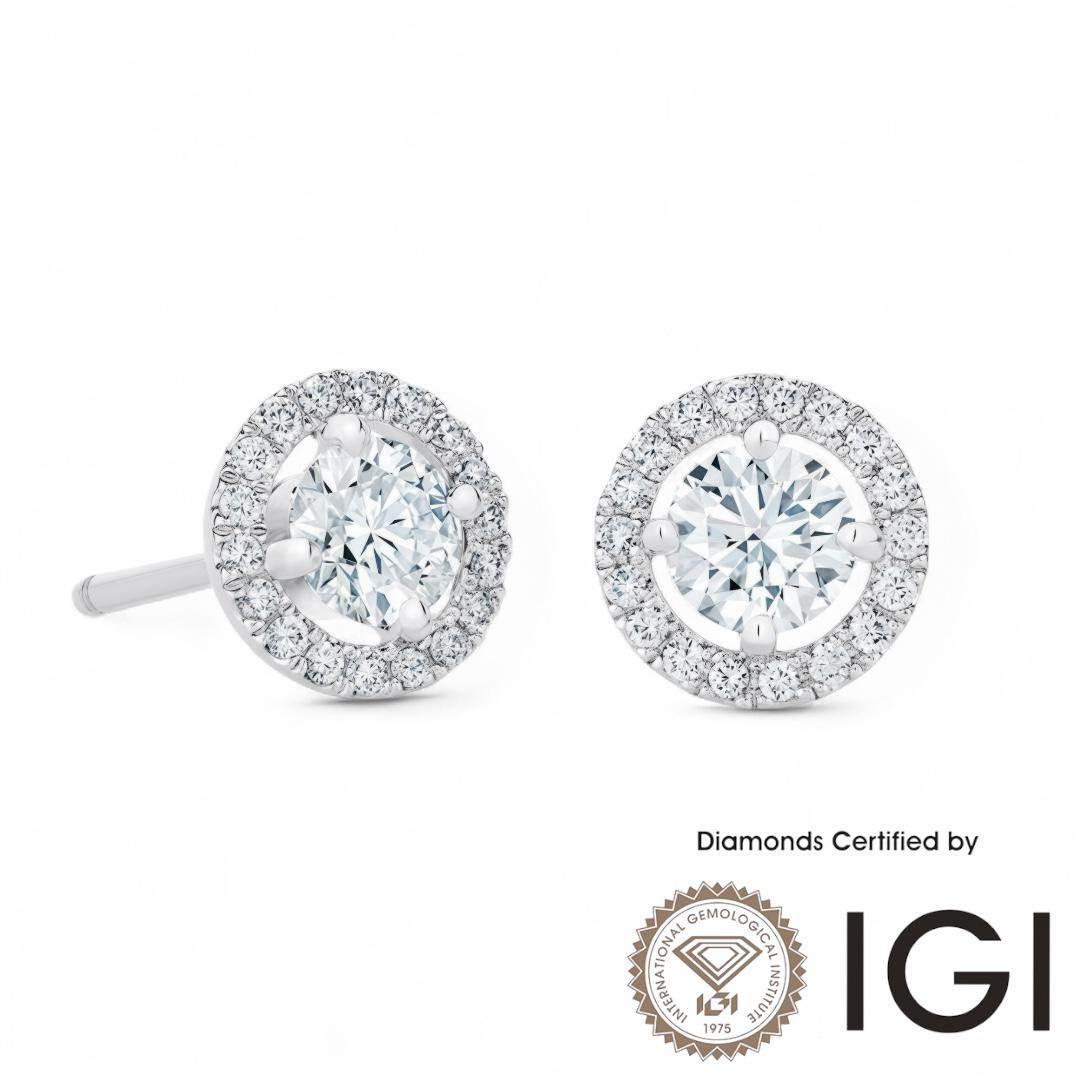 ASH053 Halo . Lab Grown Diamond . Earring , 18K, D, VVS1, VVS2, 3EX, IGI Cert - Madison Avenue Diamond