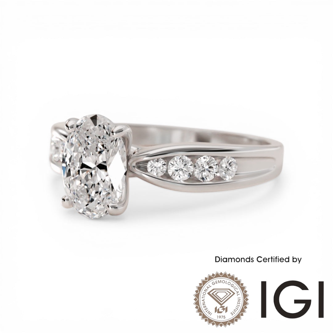 ASH099 Oval Cut Lab Grown Diamond Sidestone Ring 9K D VVS1 VVS2 2EX IGI Certified