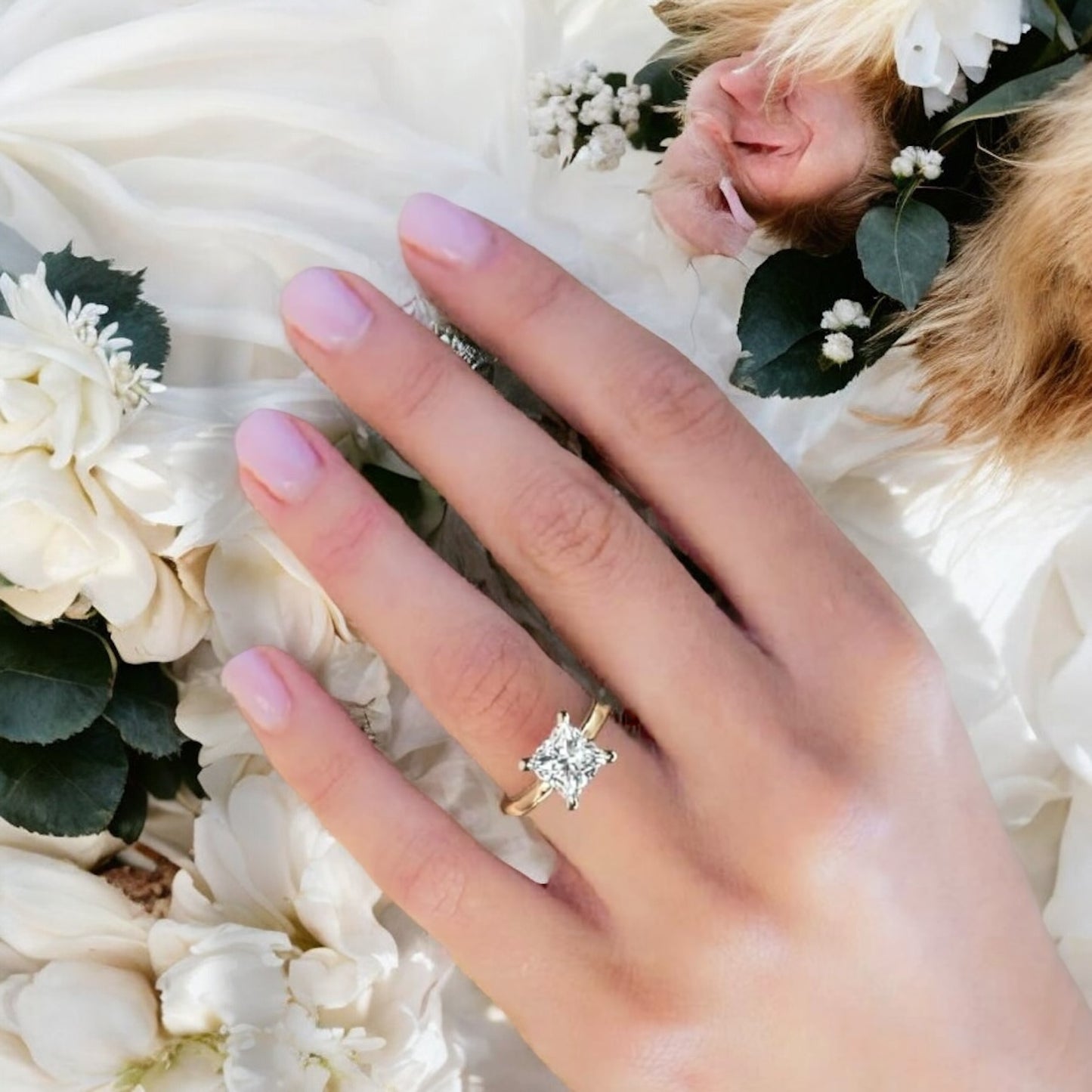 Hand wearing IGI certified 3ct princess shape D color diamond VVS1 VVS2 3EX ring with floral background