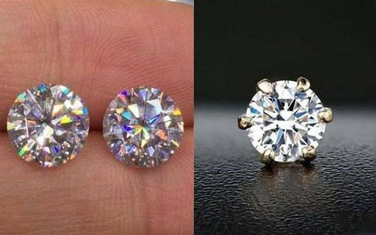 Close-up comparison of two round gemstones showcasing lab diamond vs moissanite differences in sparkle and setting