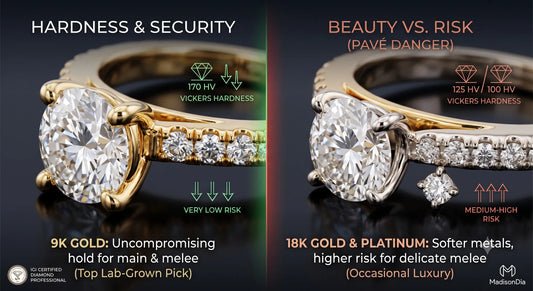 An infographic comparing engagement ring metals. It shows a secure 9K gold ring on the left representing high durability, contrasted with a softer 18K gold or platinum ring on the right that shows a small side diamond falling out of its setting.