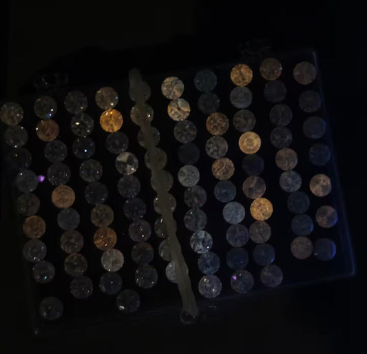 : A lab-grown diamond comparison chart displaying a spectrum of phosphorescence intensity levels under ultraviolet light, ranging from non-reactive to a strong, visible glow.