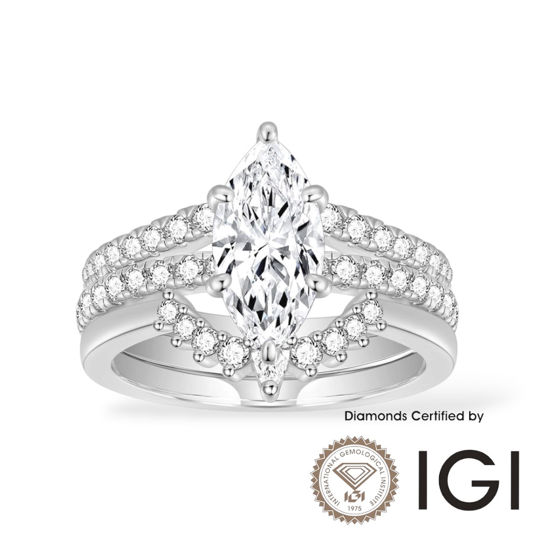 AME039 Marquise Cut Lab Grown Diamond Bridal Ring 3 Piece Ring Set, D, VVS1, VVS2, 2EX, IGI Certified