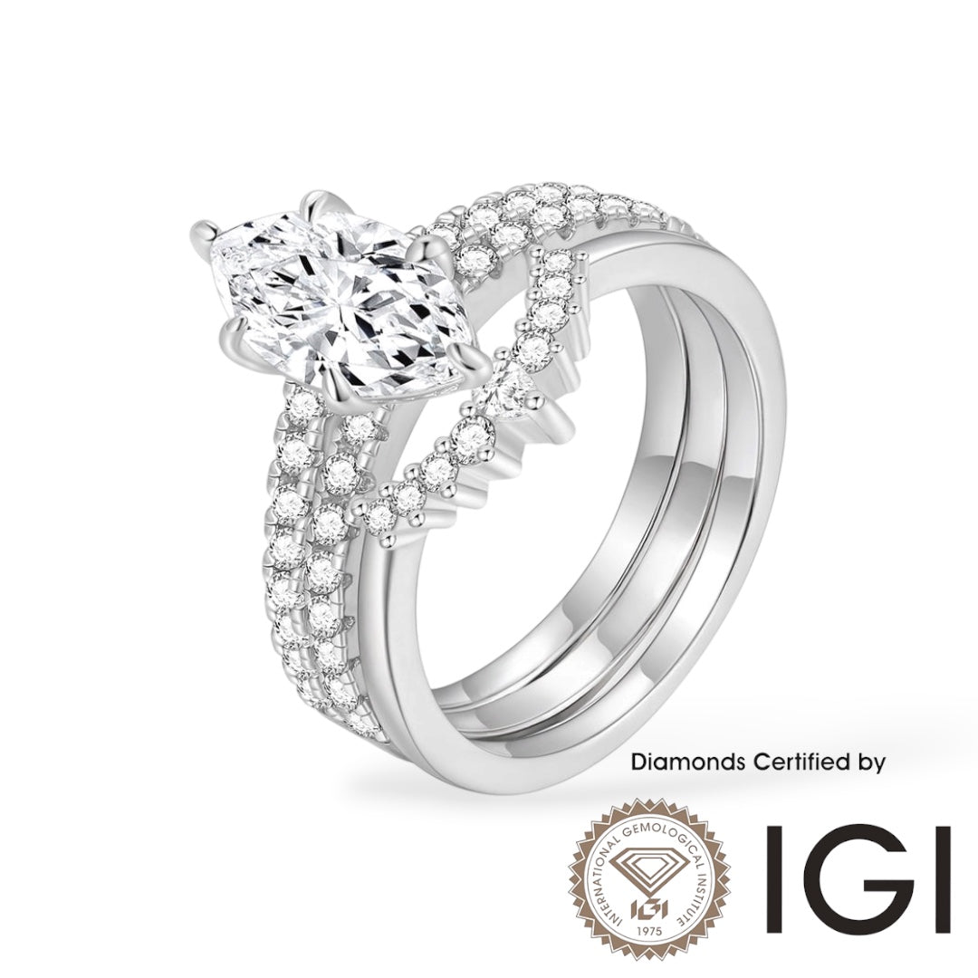 AME039 Marquise Cut Lab Grown Diamond Bridal Ring 3 Piece Ring Set, D, VVS1, VVS2, 2EX, IGI Certified