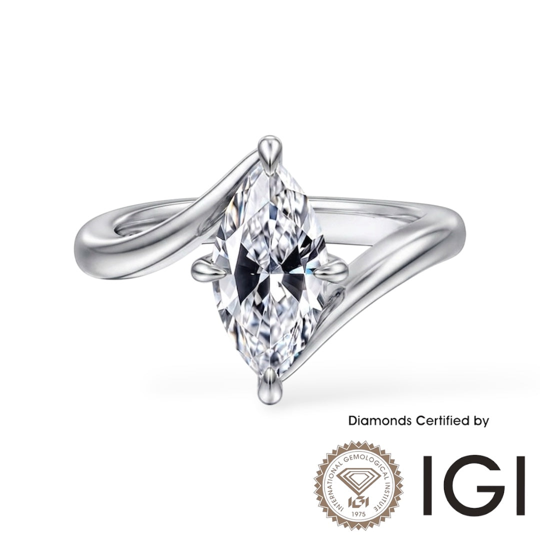 AME034 Marquise Cut Solitaire Lab Grown Diamond Ring, D, VVS1, VVS2, 2EX, IGI Certified
