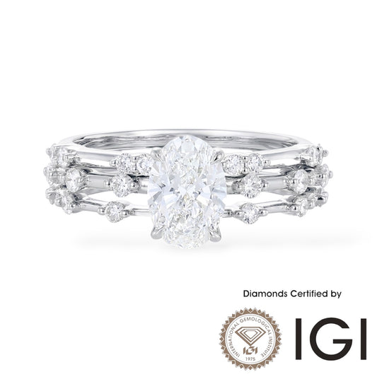 AME045 Oval Cut Lab Grown Diamond Bridal Ring 3 Piece Ring Set, D, VVS1, VVS2, 2EX, IGI Certified
