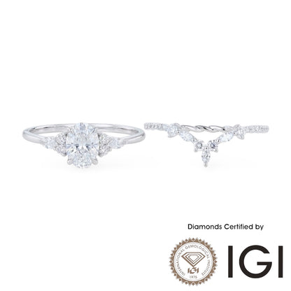 AME046 Oval Cut Lab Grown Diamond Bridal Ring Set, D, VVS1, VVS2, 2EX, IGI Certified