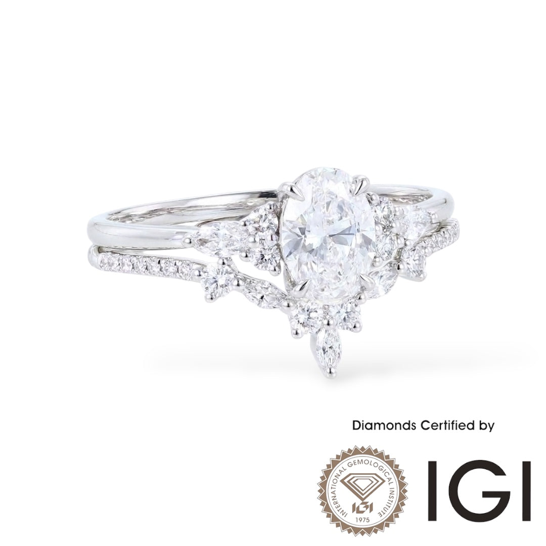 AME046 Oval Cut Lab Grown Diamond Bridal Ring Set, D, VVS1, VVS2, 2EX, IGI Certified