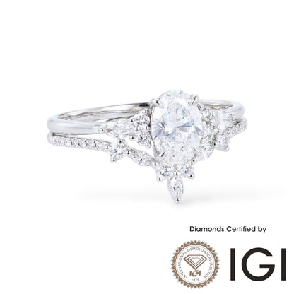 AME046 Oval Cut Lab Grown Diamond Bridal Ring Set, D, VVS1, VVS2, 2EX, IGI Certified