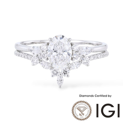 AME046 Oval Cut Lab Grown Diamond Bridal Ring Set, D, VVS1, VVS2, 2EX, IGI Certified