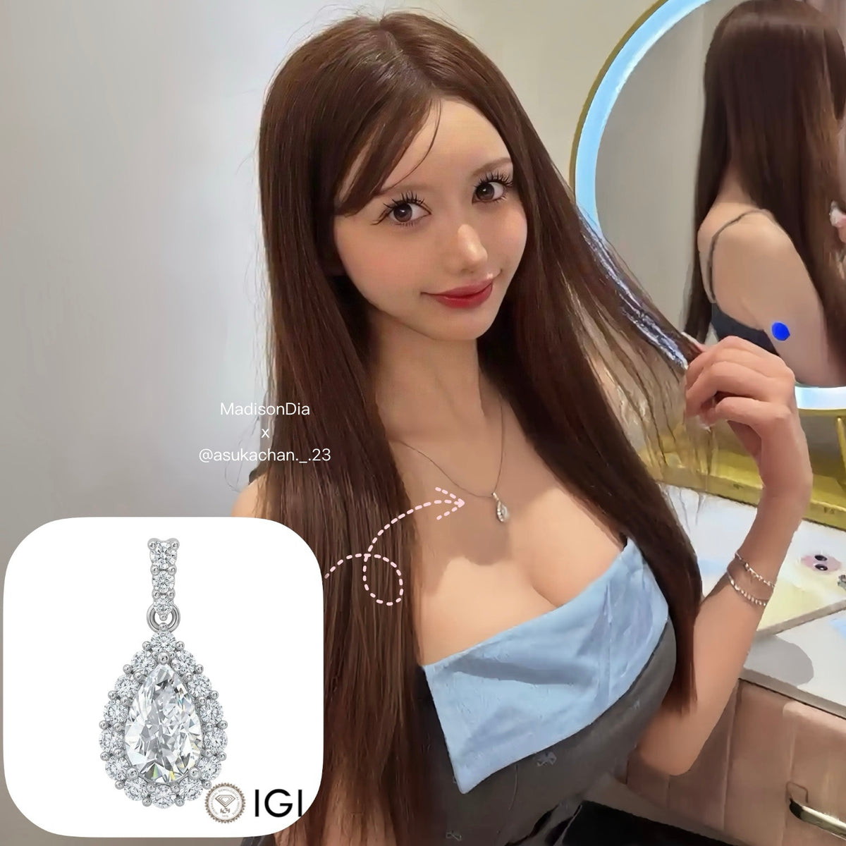 AME069 水滴形培育鑽石 圍鑽頸鍊吊墜 D色、VVS1、VVS2、2EX IGI 證書