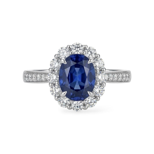 Anello AMI073B Halo con Zaffiro Blu Ovale Coltivato in Laboratorio