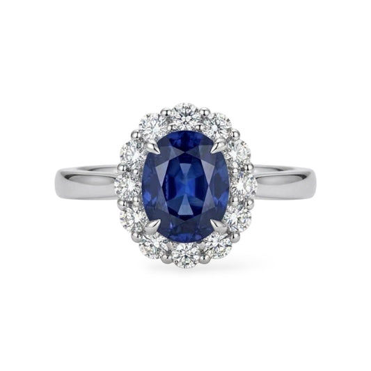 Anello AMI074B Halo con Zaffiro Blu Ovale Coltivato in Laboratorio