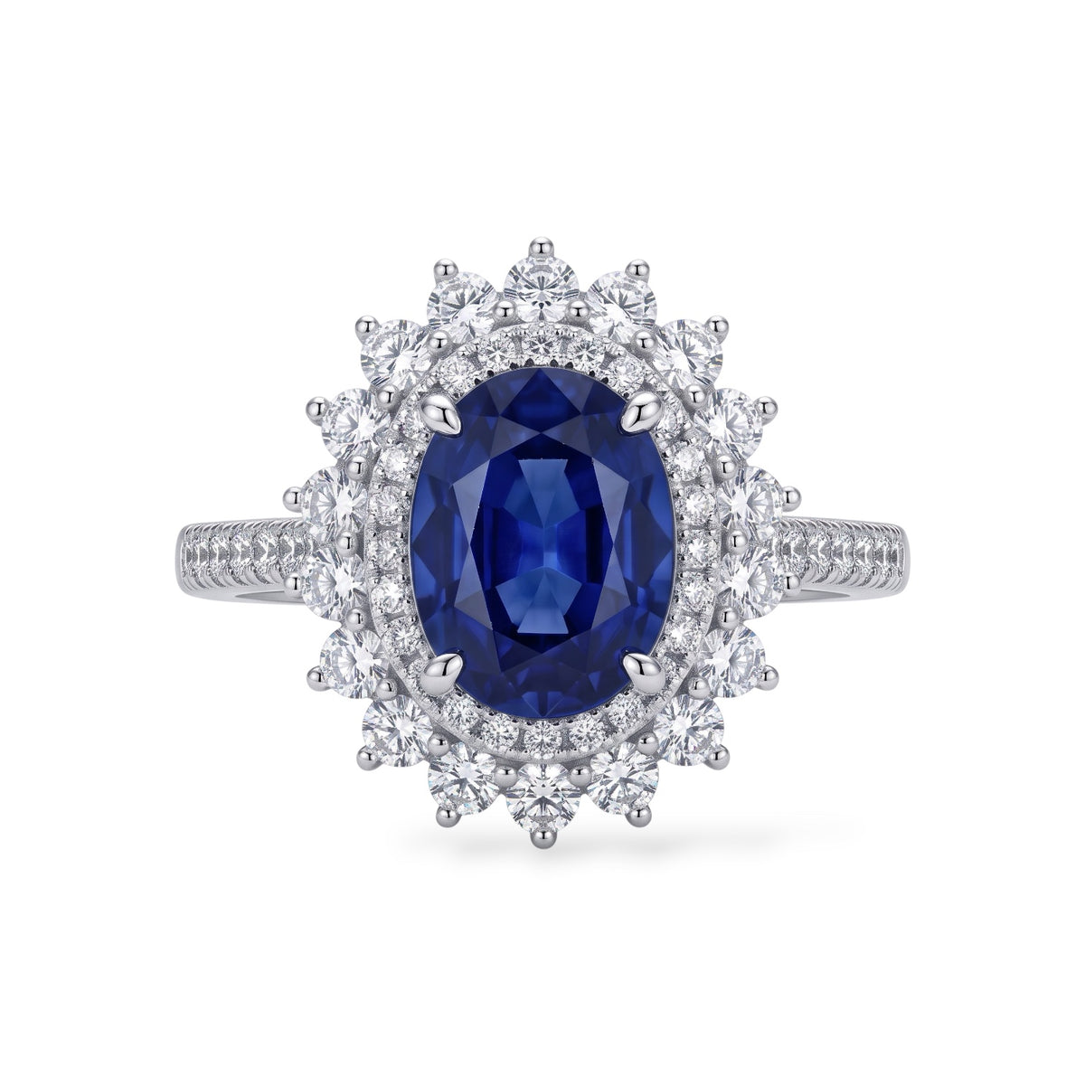 AMI076B Oval Cut Lab-Grown Blue Sapphire Halo Ring