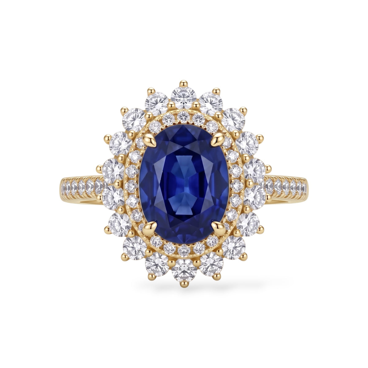 AMI076B Oval Cut Lab-Grown Blue Sapphire Halo Ring
