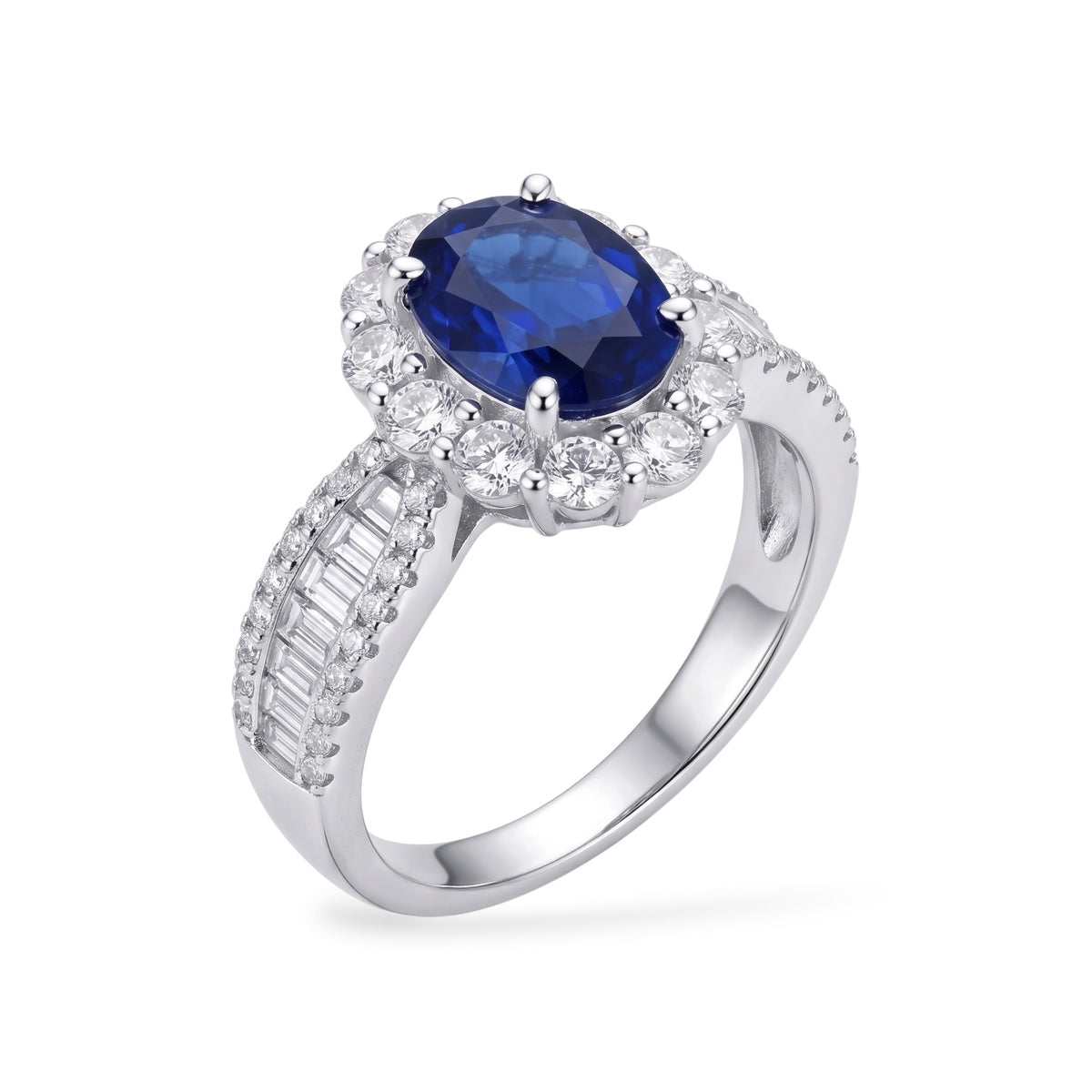 Anello AMI077B Halo con Zaffiro Blu Ovale Coltivato in Laboratorio