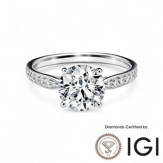 ASH027 Sidestone 18K Ring D, VVS1, VVS2, 3EX IGI Certified