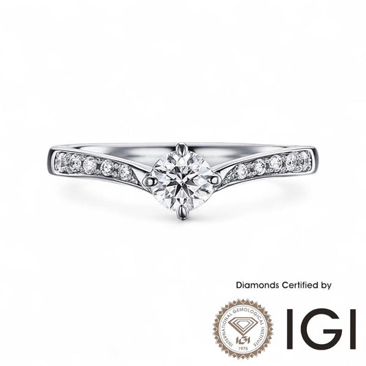 ASH028 Sidestone 18K Ring D, VVS1, VVS2, 3EX IGI Certified