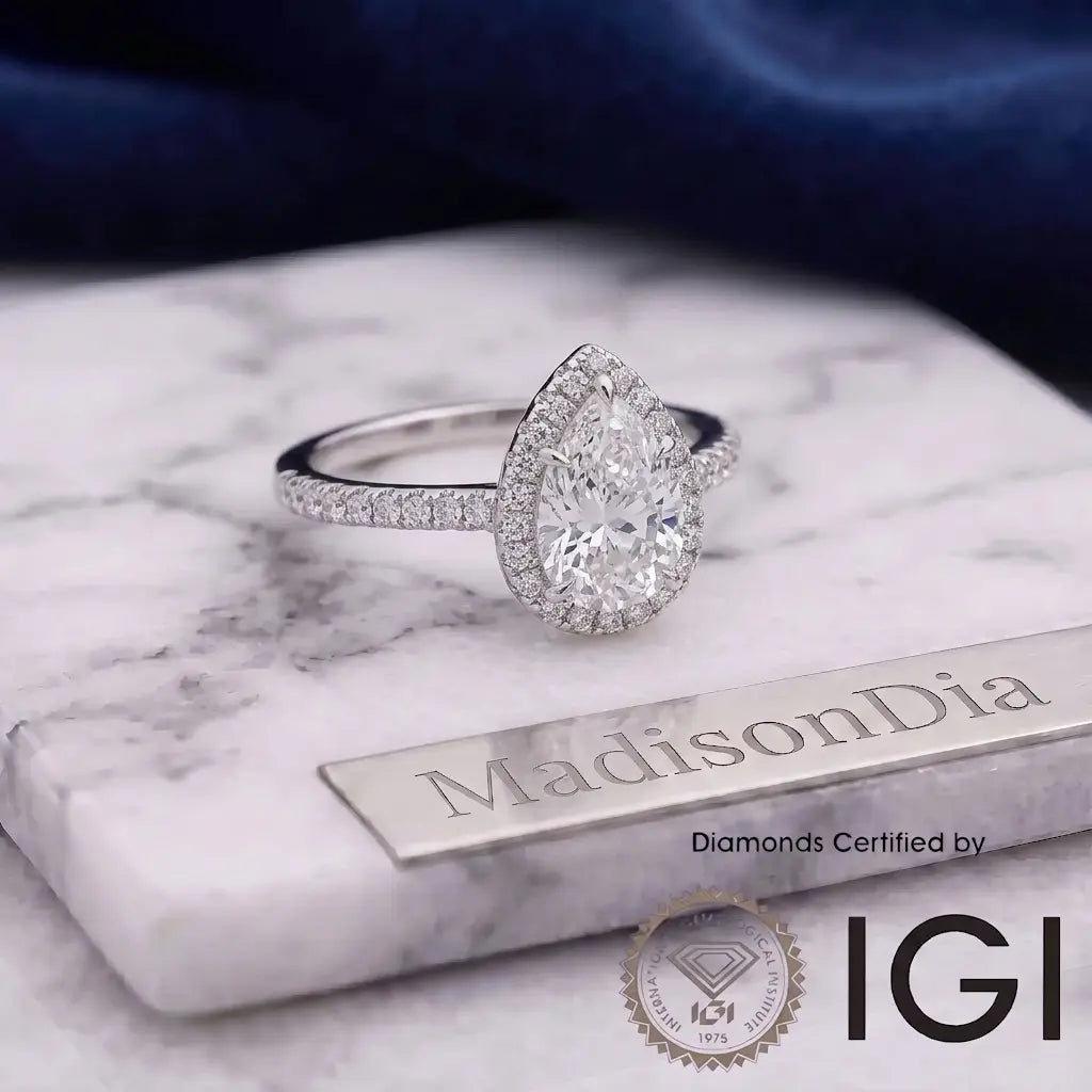 ASH041 Pear Lab Grown Halo Diamond Ring D VVS1 VVS2 2EX IGI Certified