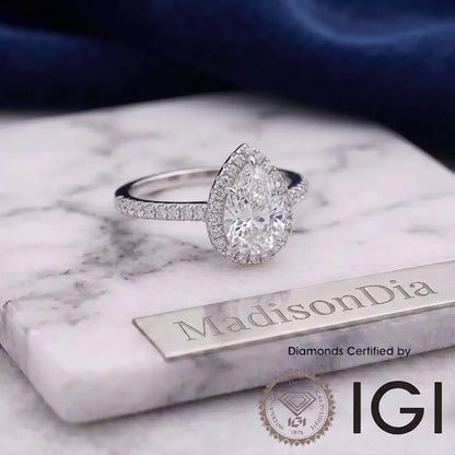 ASH041 Pear Lab Grown Halo Diamond Ring D VVS1 VVS2 2EX IGI Certified