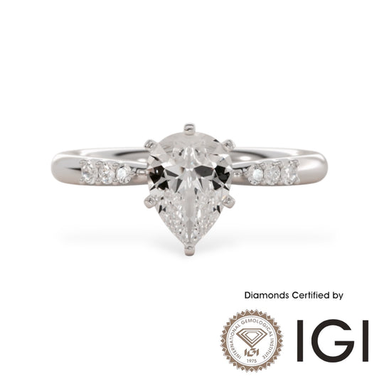 ASH082 Pear Cut Lab Grown Diamond Sidestone Ring 9K D VVS1 VVS2 2EX IGI Certified