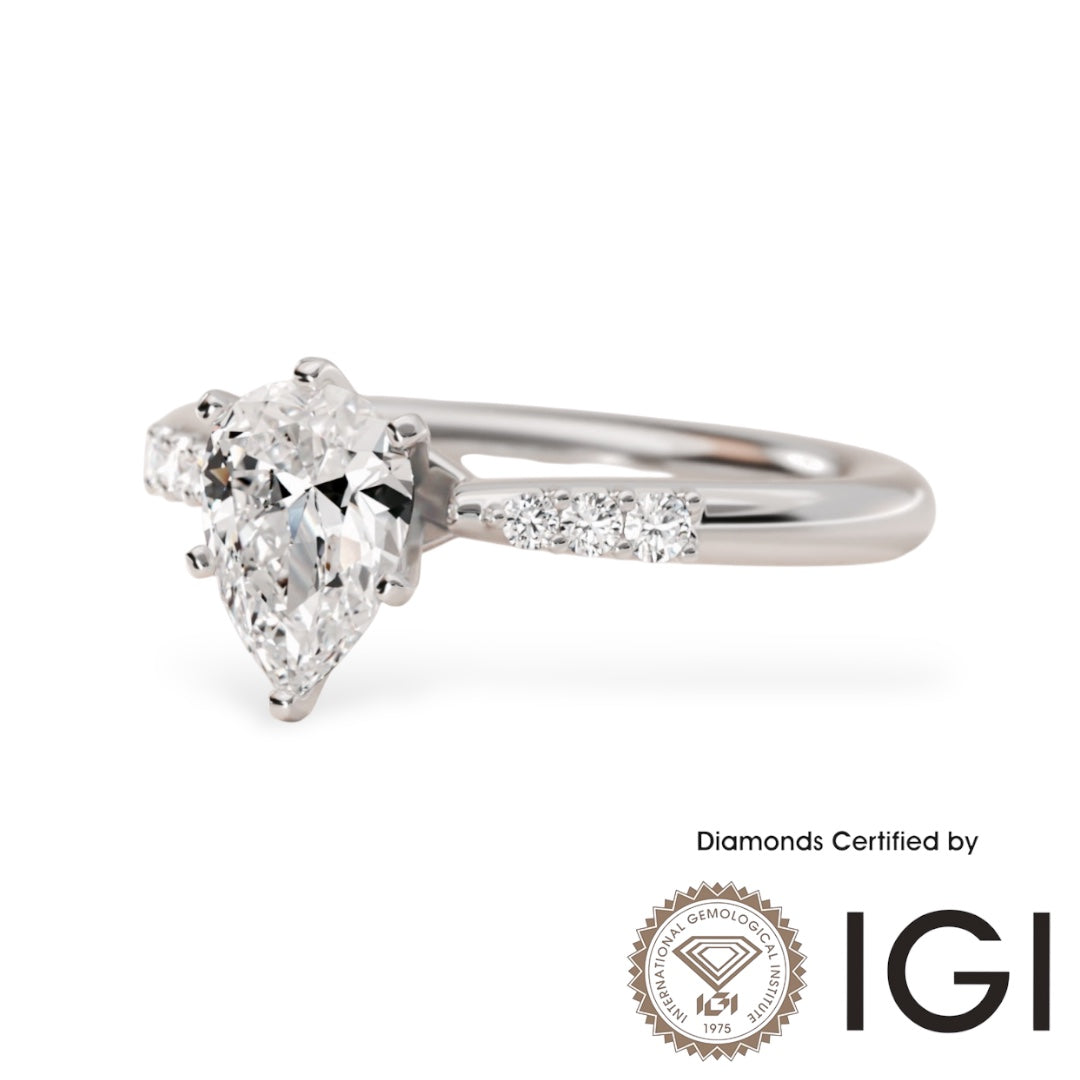 ASH082 Pear Cut Lab Grown Diamond Sidestone Ring 18K D VVS1 VVS2 2EX IGI Certified