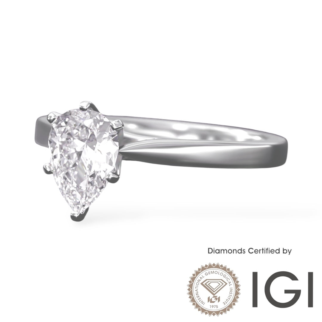 ASH083 Pear Cut Solitaire Lab Grown Diamond Ring 18K D VVS1 VVS2 2EX IGI Cert