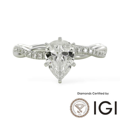 ASH084 Pear Cut Lab Grown Diamond Sidestone Ring 18K D VVS1 VVS2 2EX IGI Certified