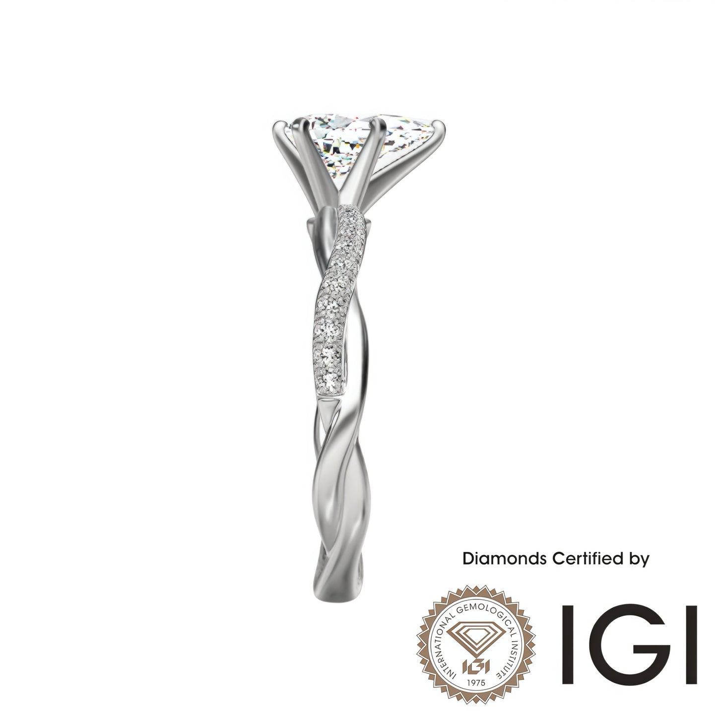 ASH084 Pear Cut Lab Grown Diamond Sidestone Ring 18K D VVS1 VVS2 2EX IGI Certified