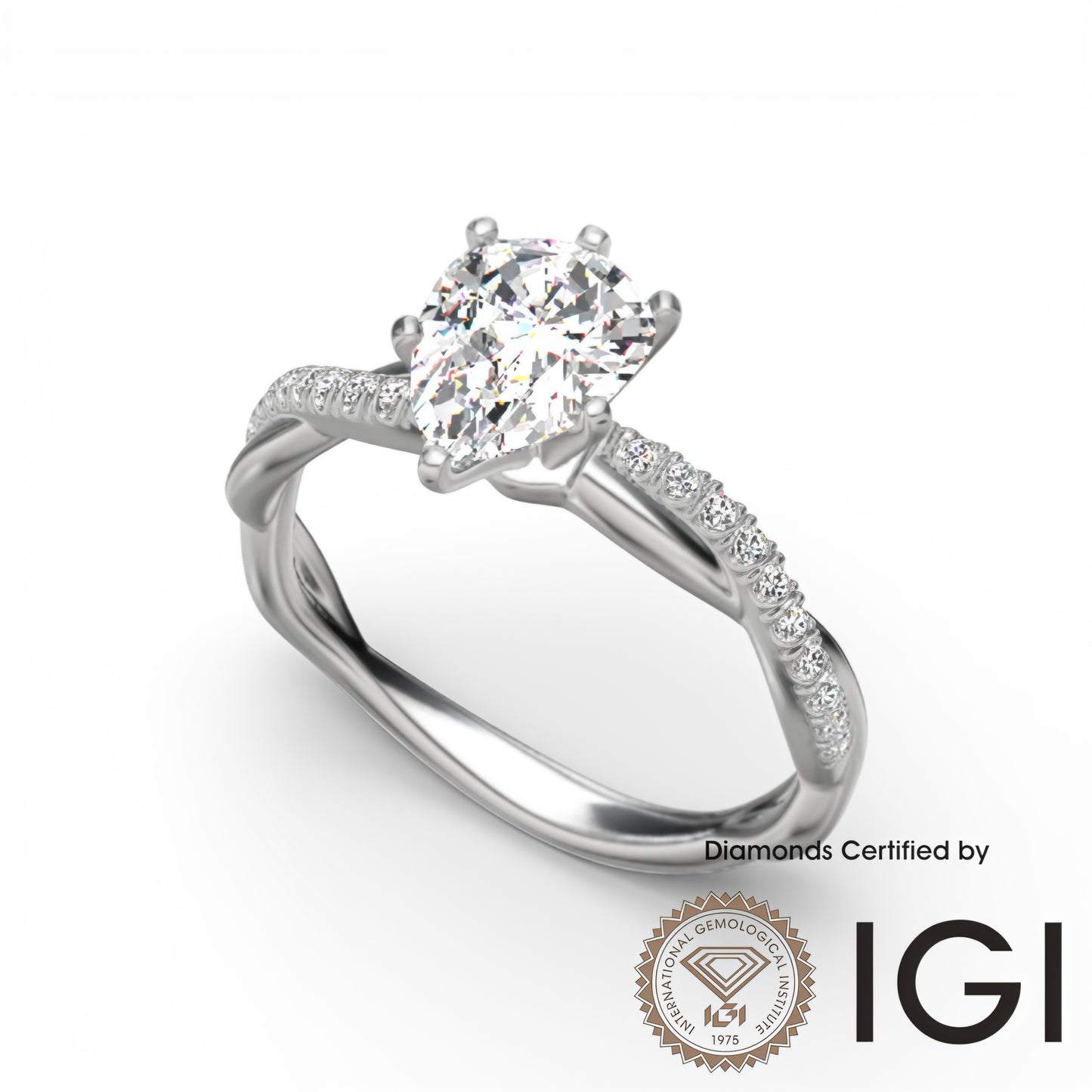 ASH084 Pear Cut Lab Grown Diamond Sidestone Ring 18K D VVS1 VVS2 2EX IGI Certified