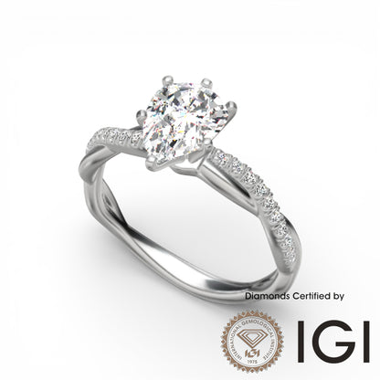 ASH084 Pear Cut Lab Grown Diamond Sidestone Ring 18K D VVS1 VVS2 2EX IGI Certified