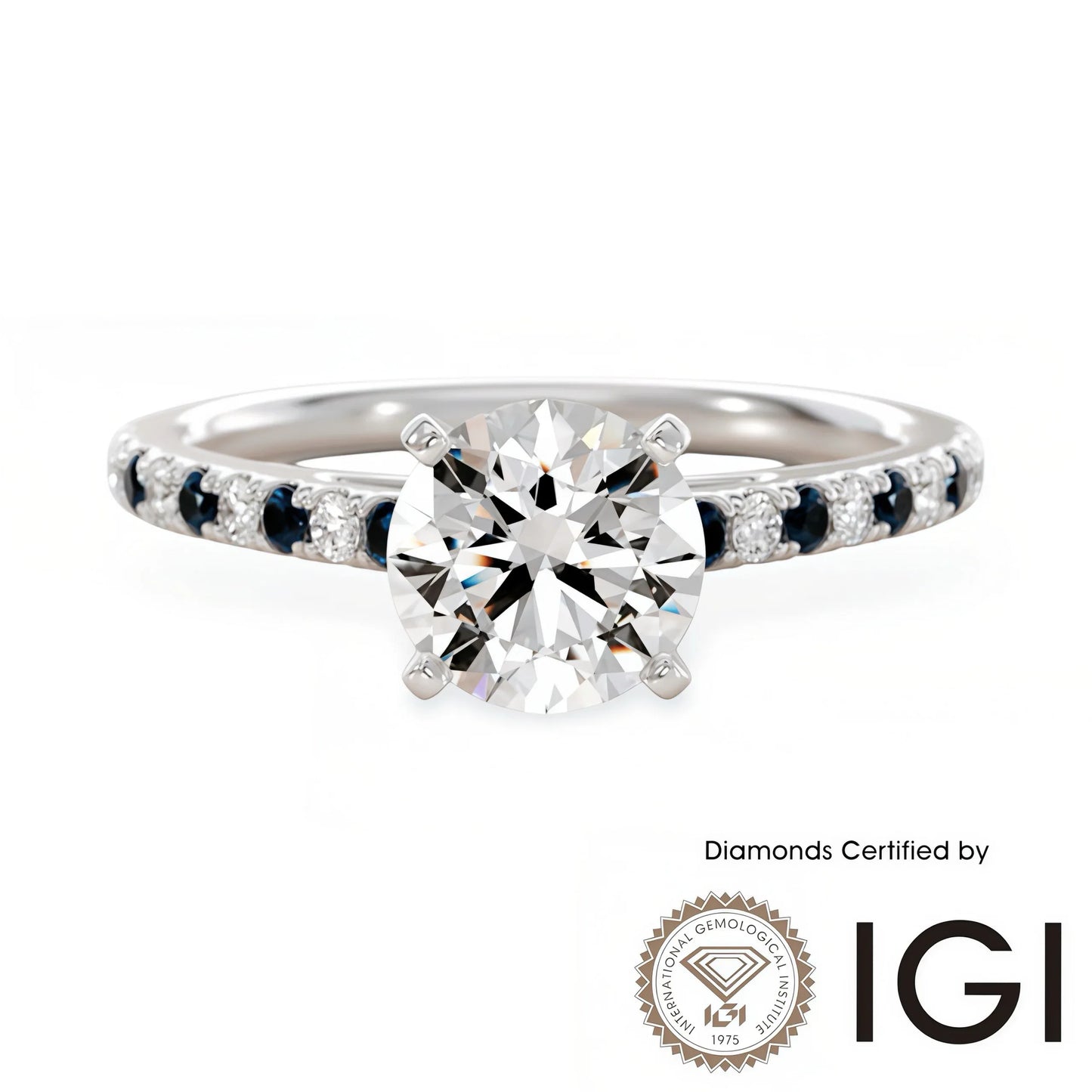 ASH086 Blue Sidestone Lab Grown Diamond Ring D VVS1 VVS2 3EX IGI Certified