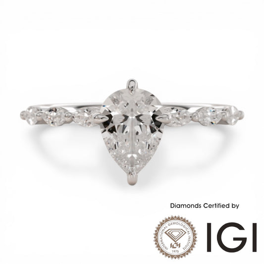ASH0101 Pear Cut Lab Grown Diamond Sidestone Ring 9K D VVS1 VVS2 2EX IGI Certified