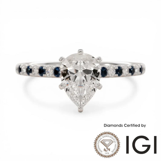 ASH102 Pear Cut Lab Grown Diamond Sidestone Ring 9K D VVS1 VVS2 2EX IGI Certified