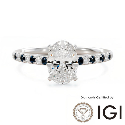 ASH103 Oval Cut Lab Grown Diamond Sidestone Ring 9K D VVS1 VVS2 2EX IGI Certified
