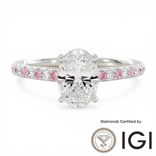 ASH103P Oval Cut Lab Grown Diamond Pink Sidestone Ring 9K D VVS1 VVS2 2EX IGI Certified