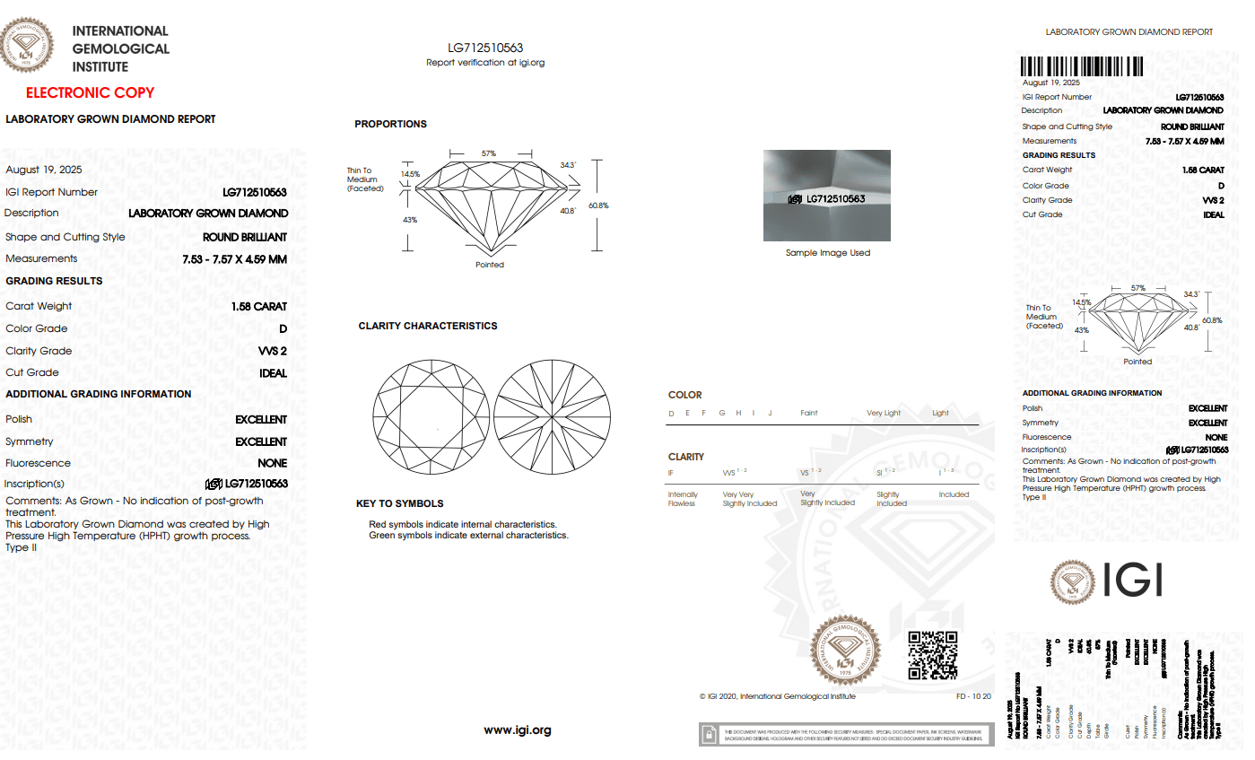 1.58ct Lab Grown Diamond D Color, VVS2, Ideal, Excellent, Excellent, IGI Certified - MadisonDia