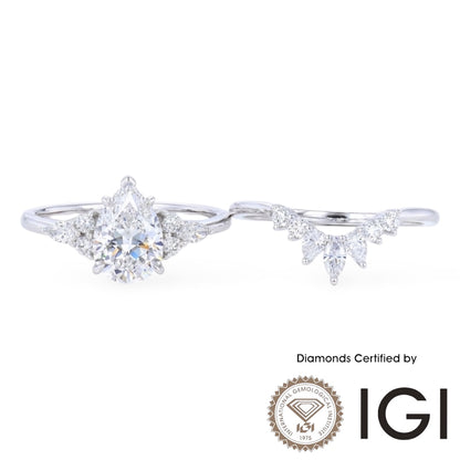 AME044 Pear Cut Lab Grown Diamond Bridal Ring Set, D, VVS1, VVS2, 2EX, IGI Certified