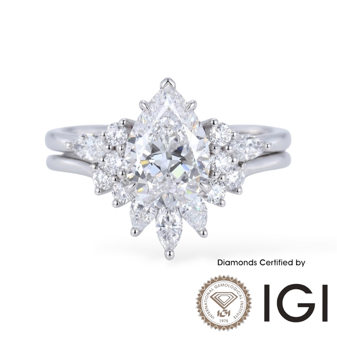 AME044 Pear Cut Lab Grown Diamond Bridal Ring Set, D, VVS1, VVS2, 2EX, IGI Certified