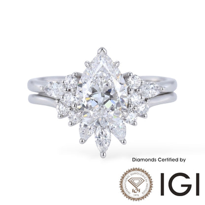 AME044 Pear Cut Lab Grown Diamond Bridal Ring Set, D, VVS1, VVS2, 2EX, IGI Certified