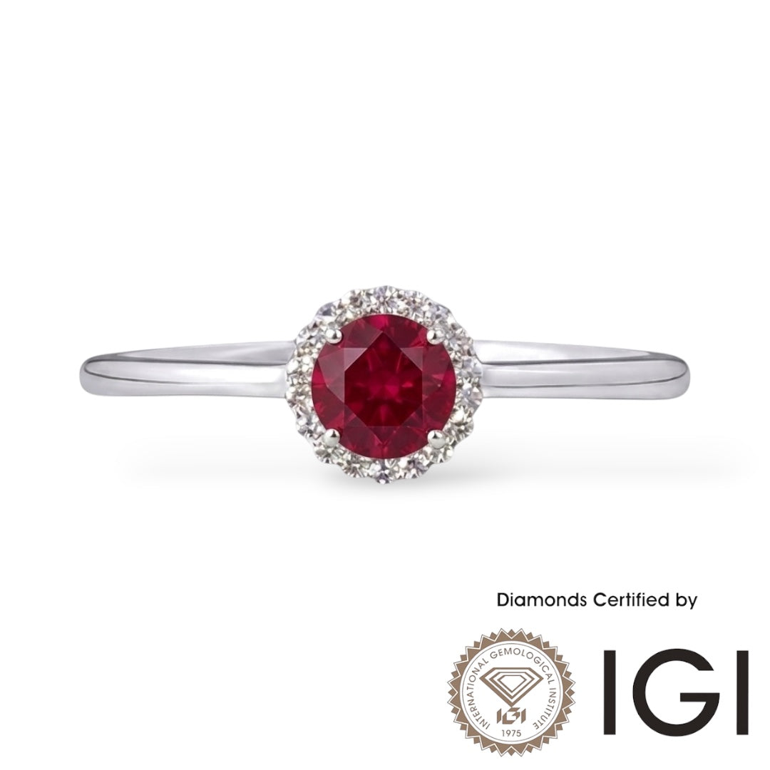 AMI025 Halo Lab-Grown Ruby Ring (Pigeon's Blood)