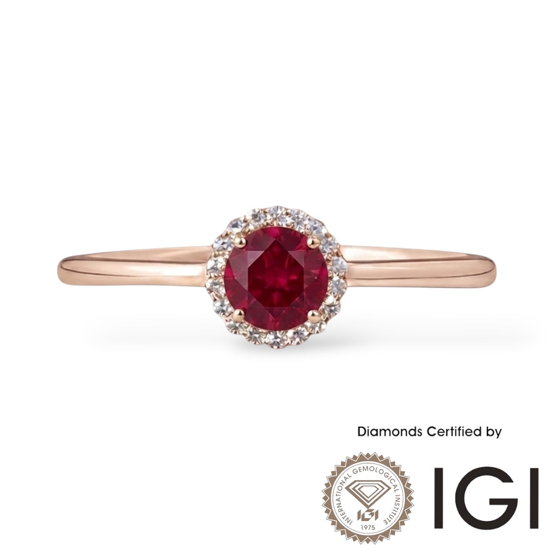 AMI025 Halo Lab-Grown Ruby Ring (Pigeon's Blood)