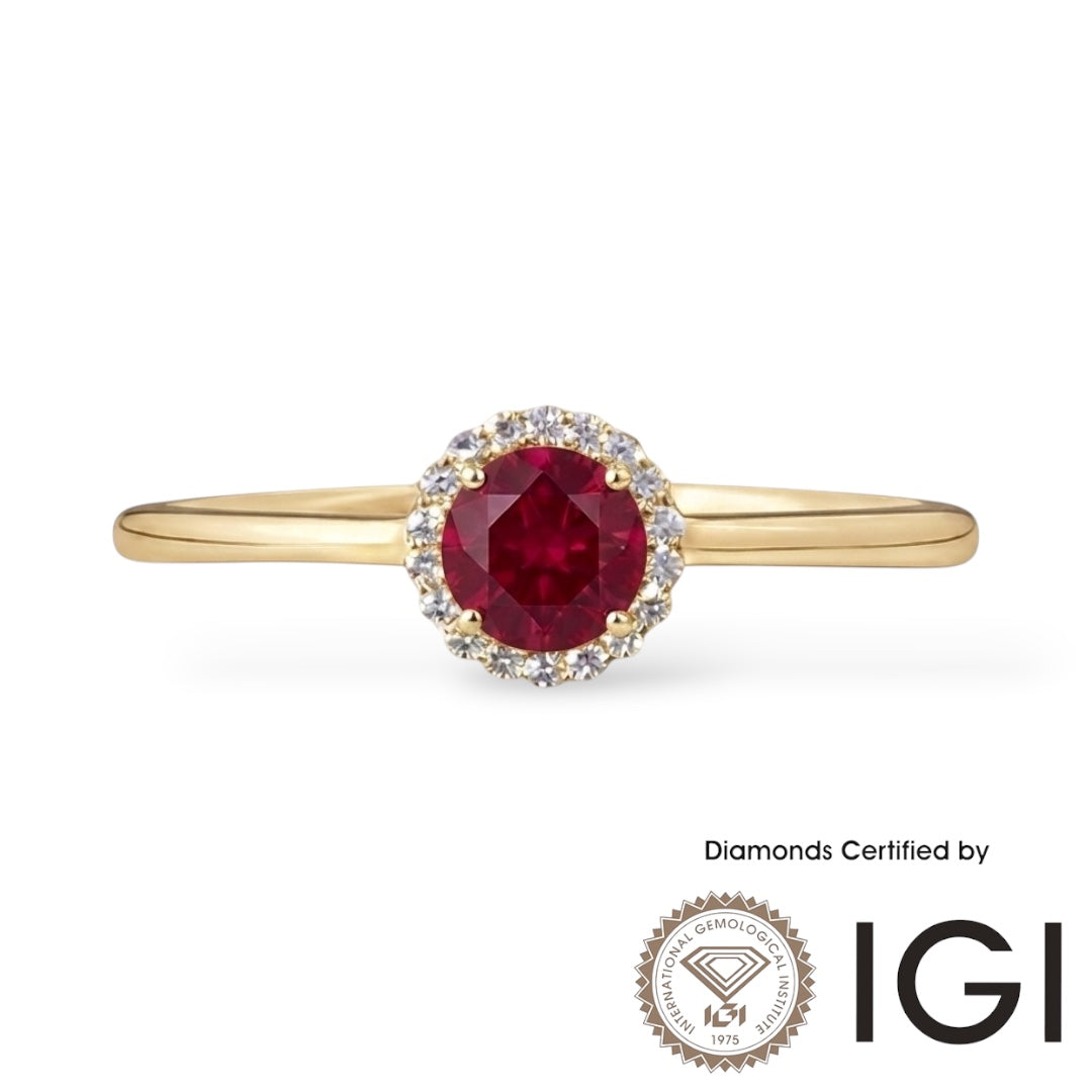 AMI025 Halo Lab-Grown Ruby Ring (Pigeon's Blood)