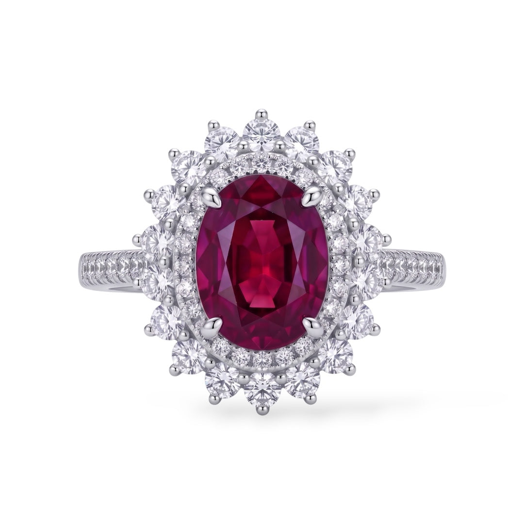 AMI076 Oval Cut Lab-Grown Ruby Halo Ring (Pigeon's Blood)