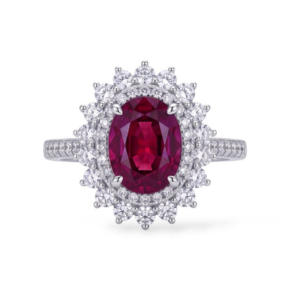 AMI076 Oval Cut Lab-Grown Ruby Halo Ring (Pigeon's Blood)