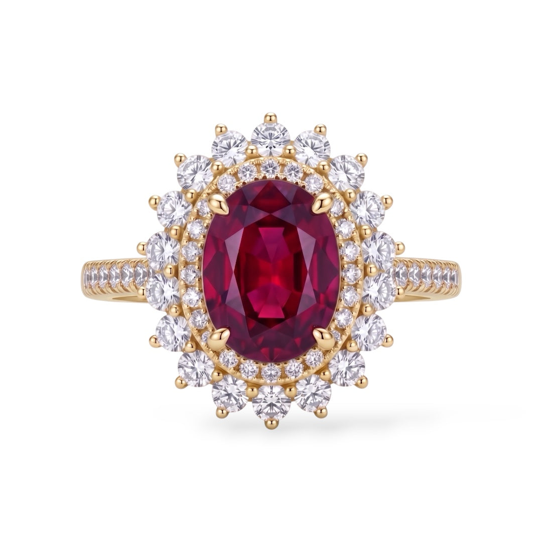 AMI076 Oval Cut Lab-Grown Ruby Halo Ring (Pigeon's Blood)