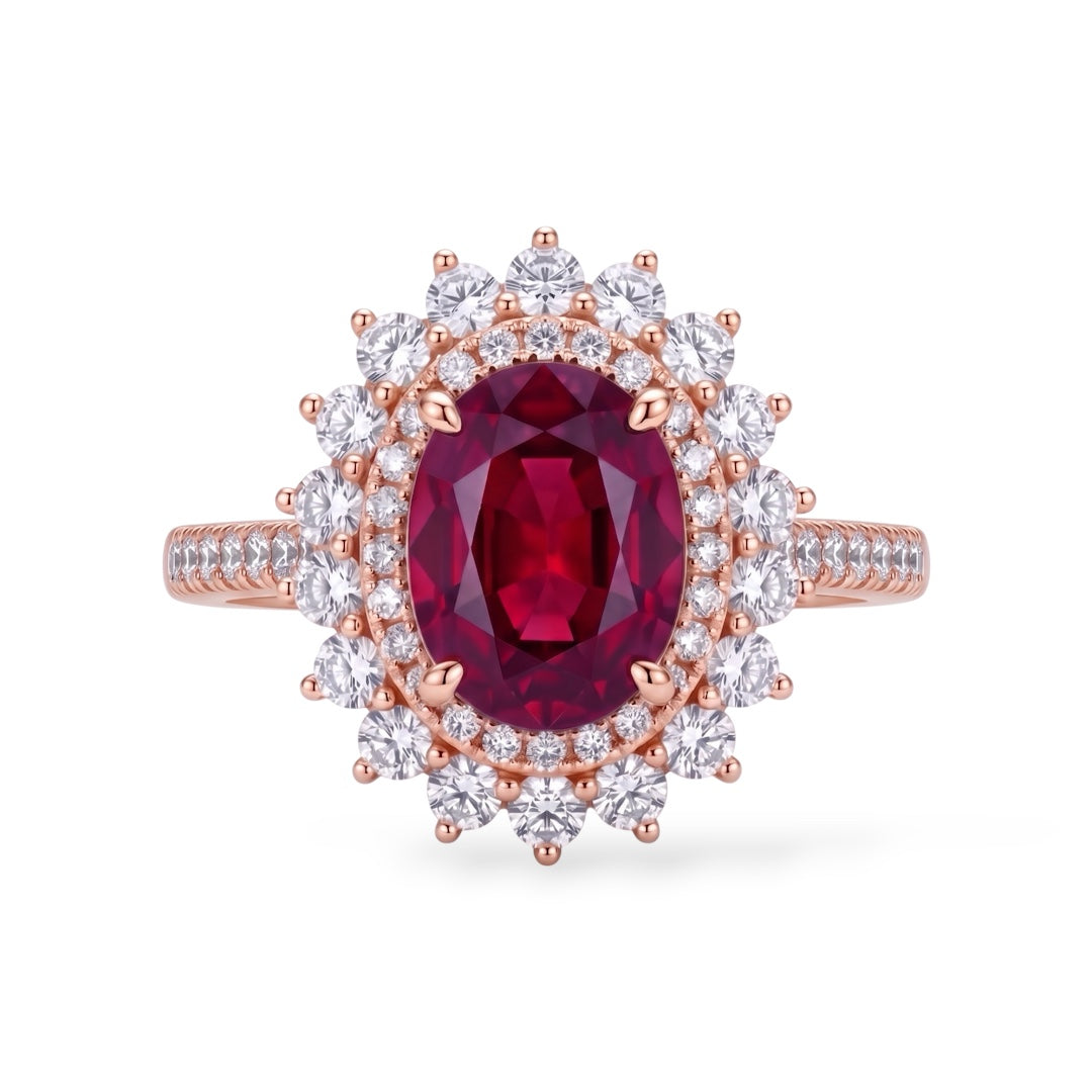 AMI076 Oval Cut Lab-Grown Ruby Halo Ring (Pigeon's Blood)